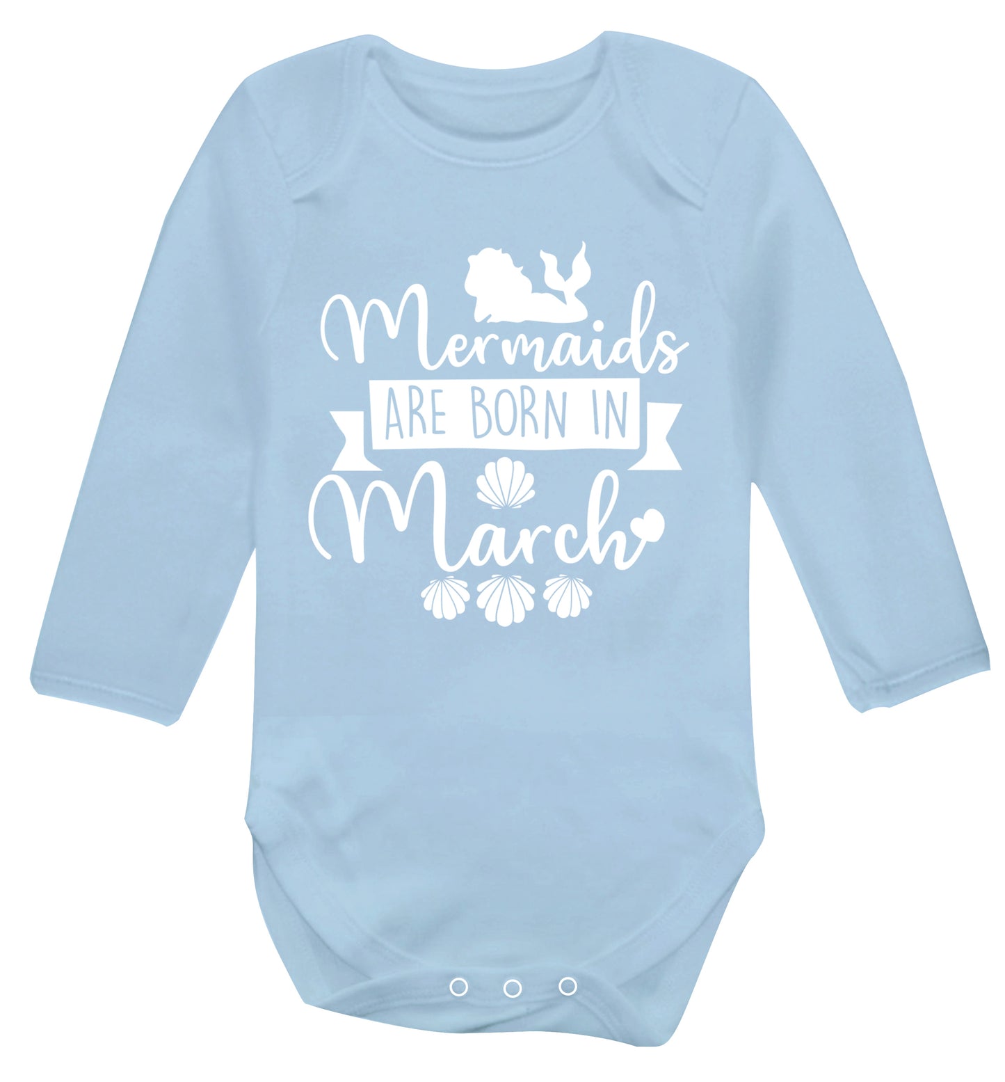 Mermaids are born in March Baby Vest long sleeved pale blue 6-12 months