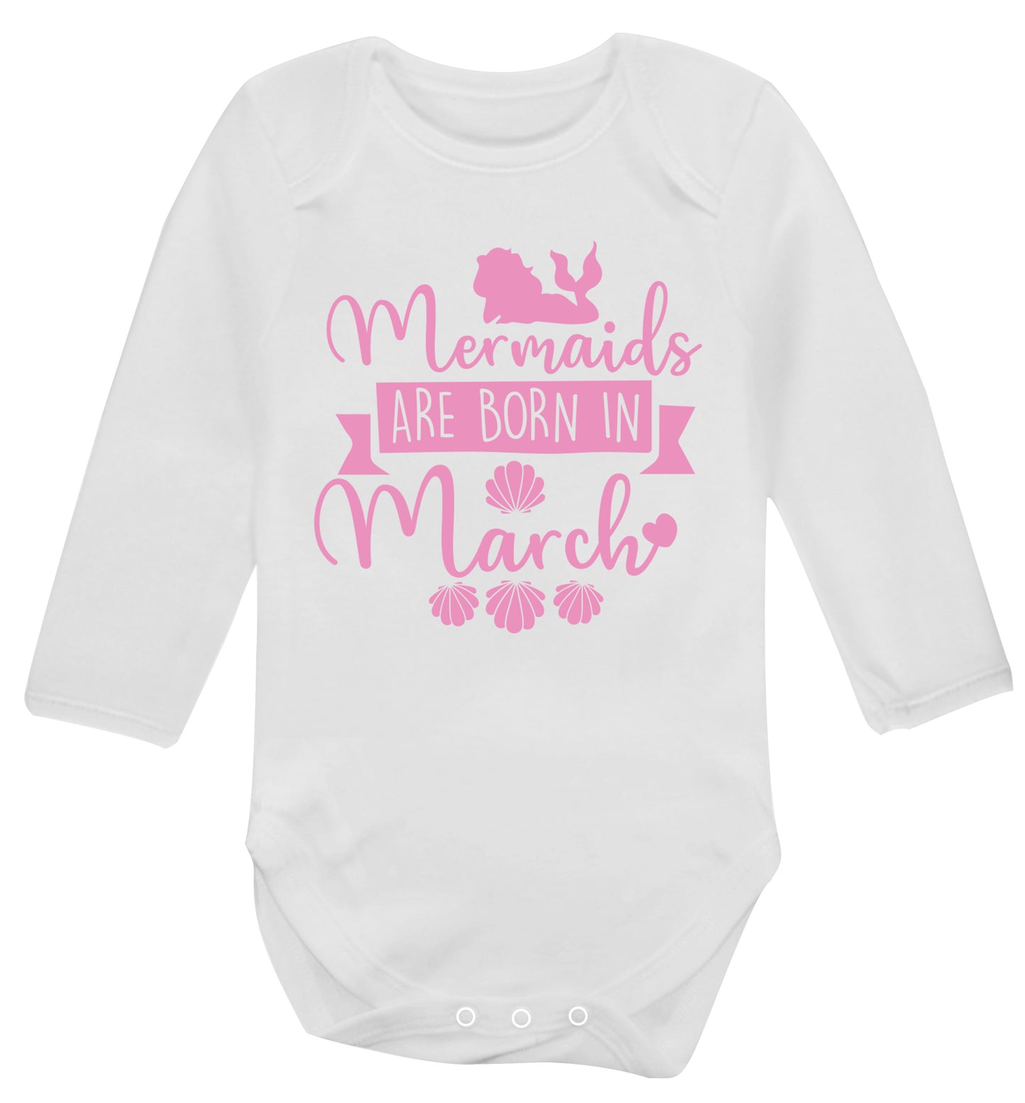 Mermaids are born in March Baby Vest long sleeved white 6-12 months