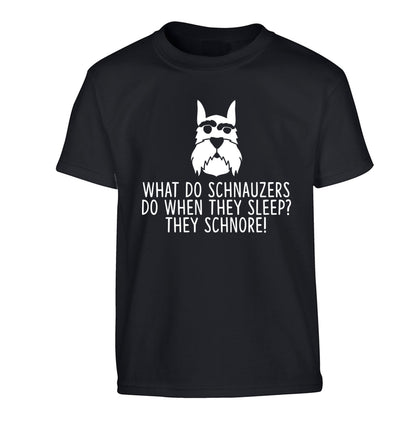 What do schnauzers do when they sleep? Schnore! Children's black Tshirt 12-13 Years