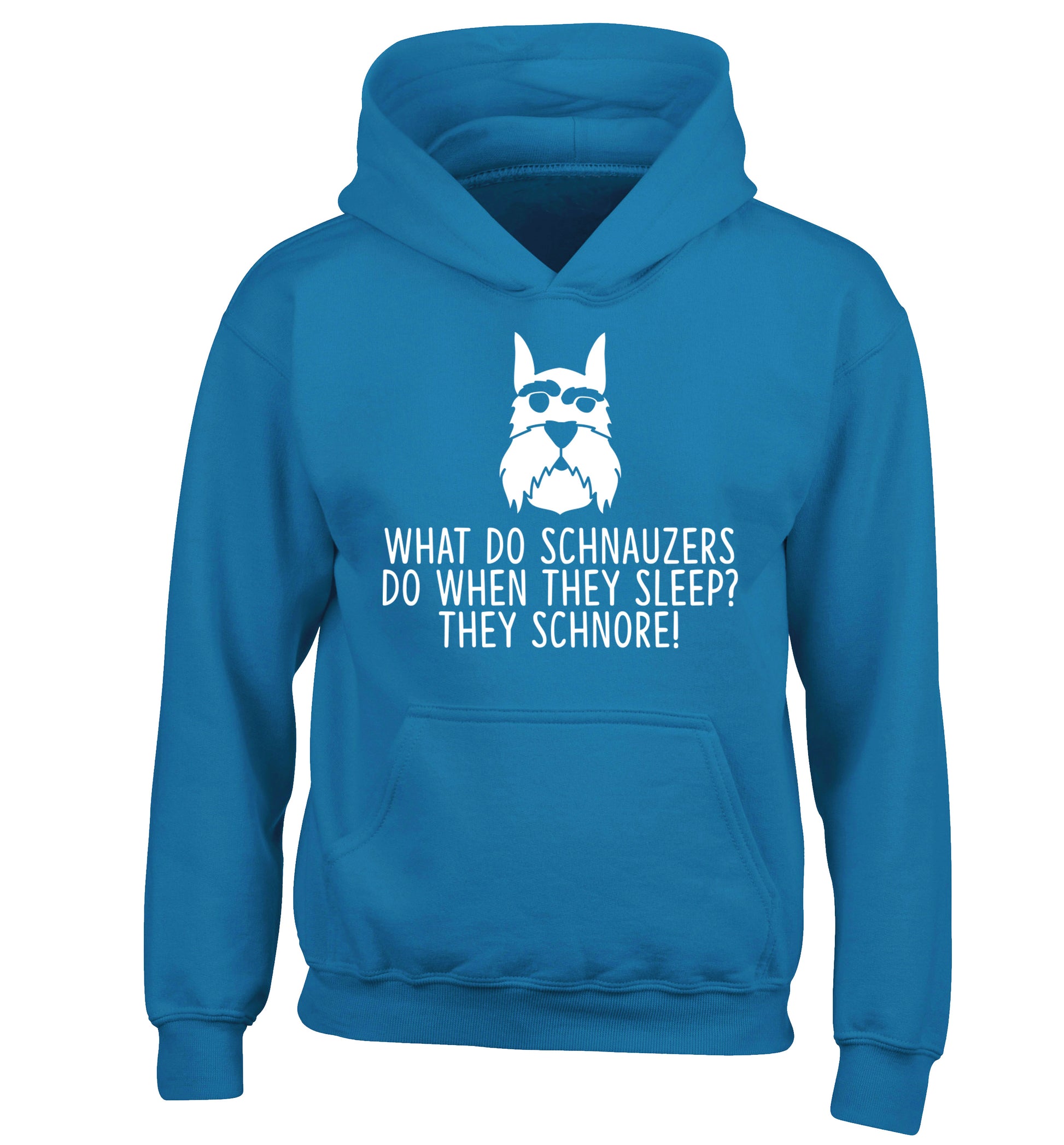 What do schnauzers do when they sleep? Schnore! children's blue hoodie 12-13 Years