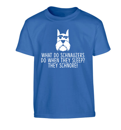 What do schnauzers do when they sleep? Schnore! Children's blue Tshirt 12-13 Years