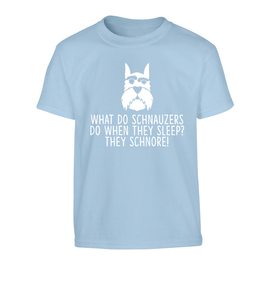 What do schnauzers do when they sleep? Schnore! Children's light blue Tshirt 12-13 Years