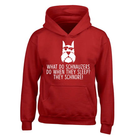 What do schnauzers do when they sleep? Schnore! children's red hoodie 12-13 Years