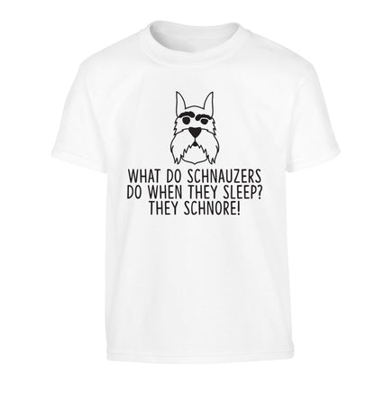 What do schnauzers do when they sleep? Schnore! Children's white Tshirt 12-13 Years