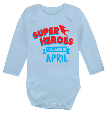Superheros are born in April Baby Vest long sleeved pale blue 6-12 months