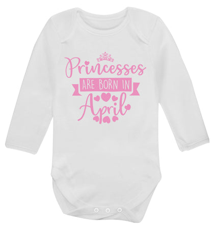 Princesses are born in April Baby Vest long sleeved white 6-12 months