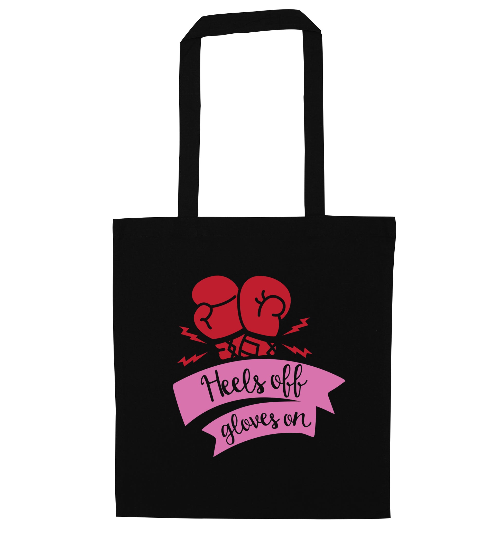 Heels off gloves on black tote bag