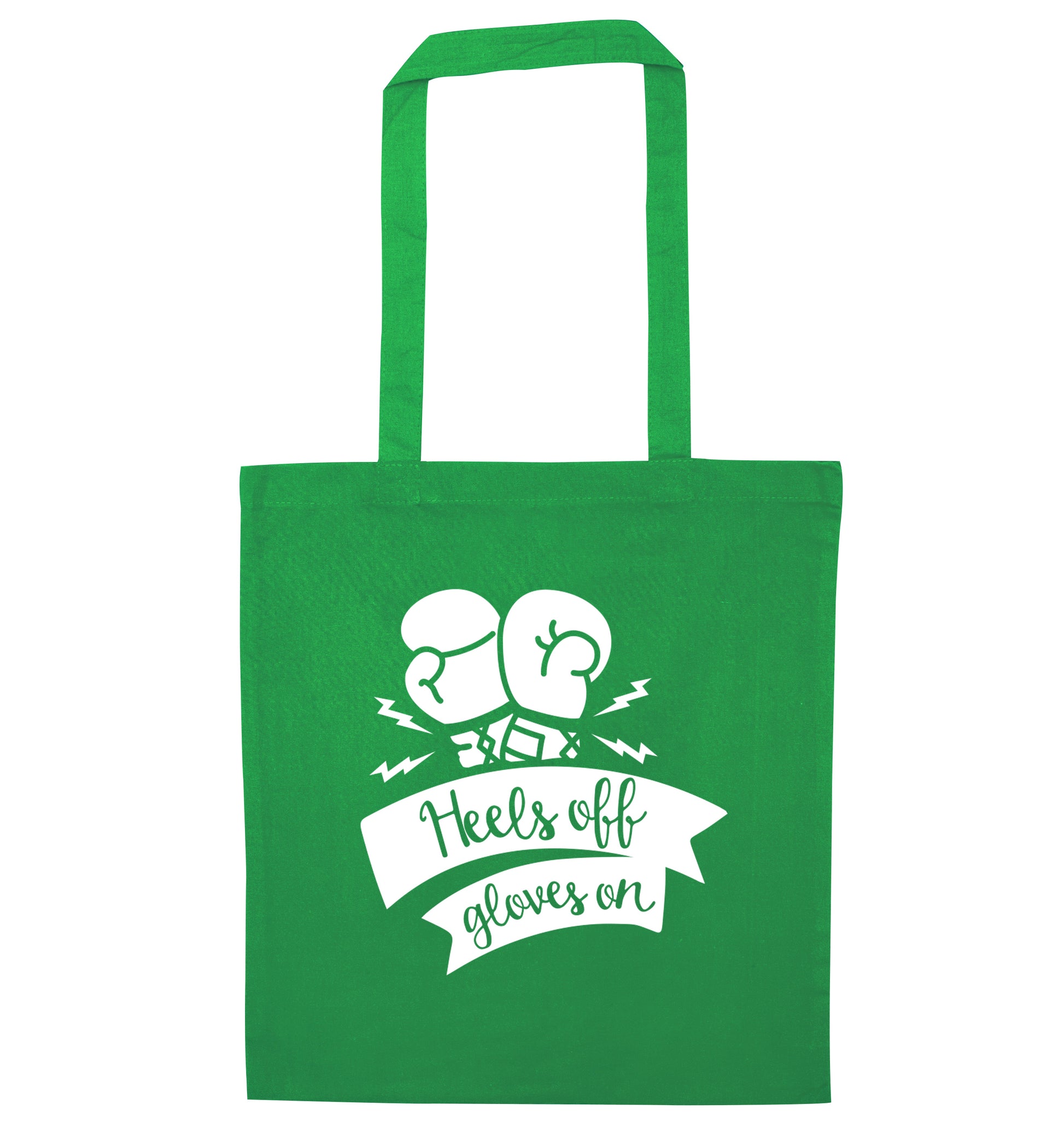 Heels off gloves on green tote bag