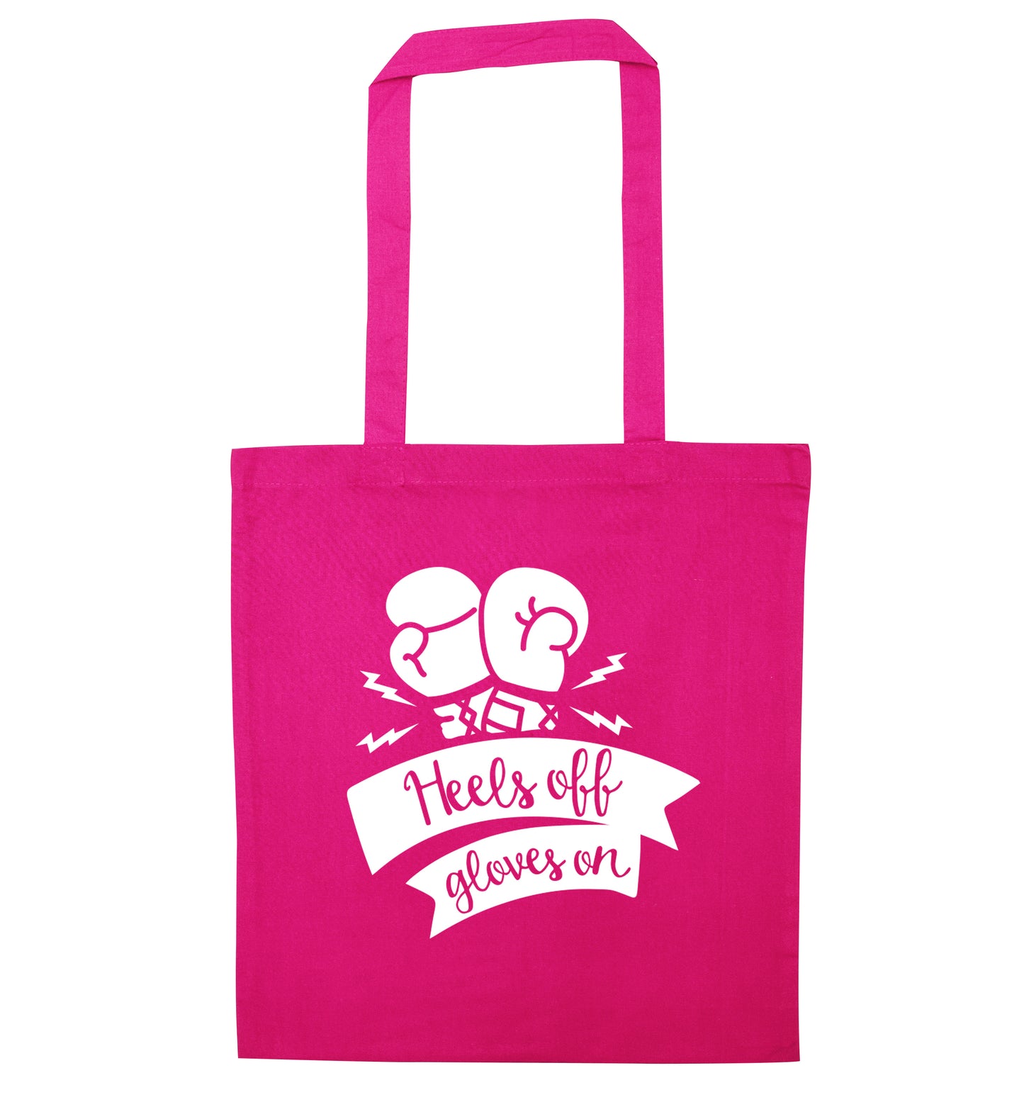 Heels off gloves on pink tote bag