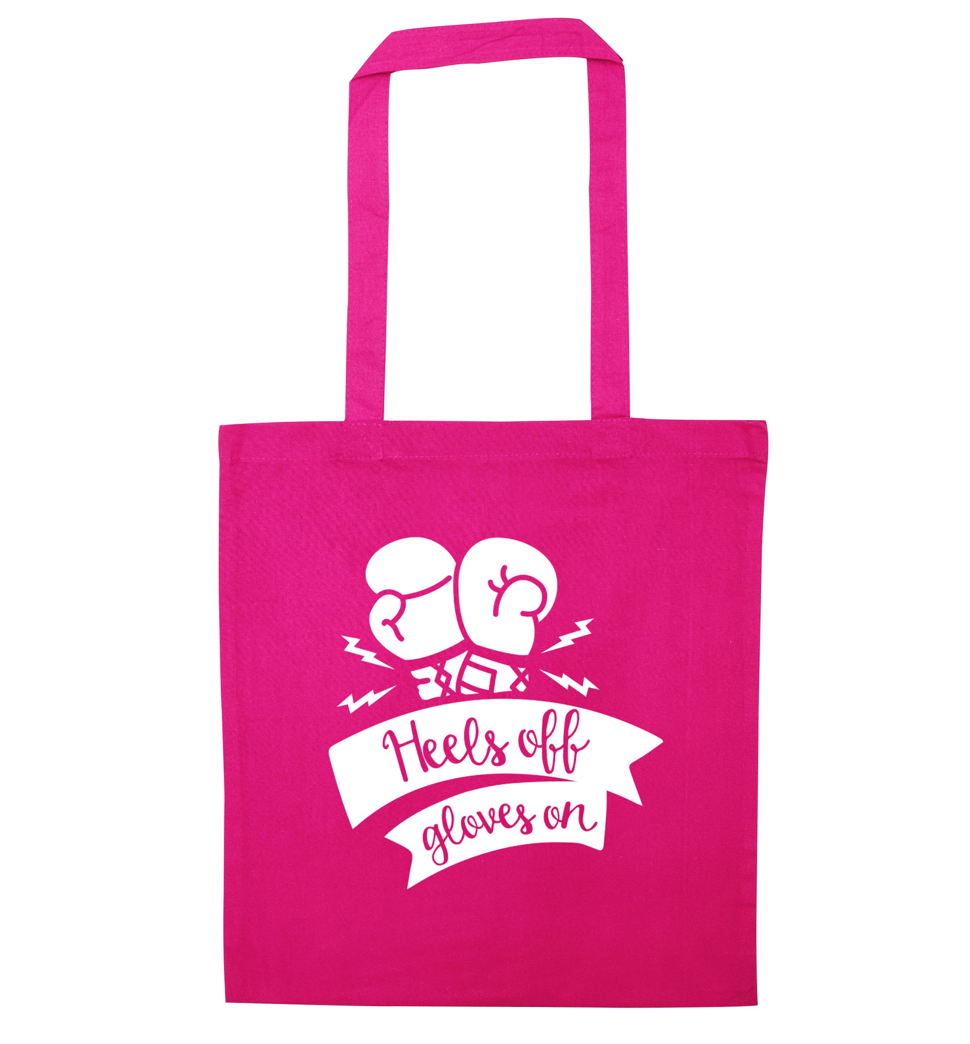 Heels off gloves on pink tote bag