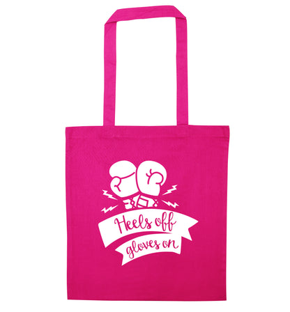 Heels off gloves on pink tote bag