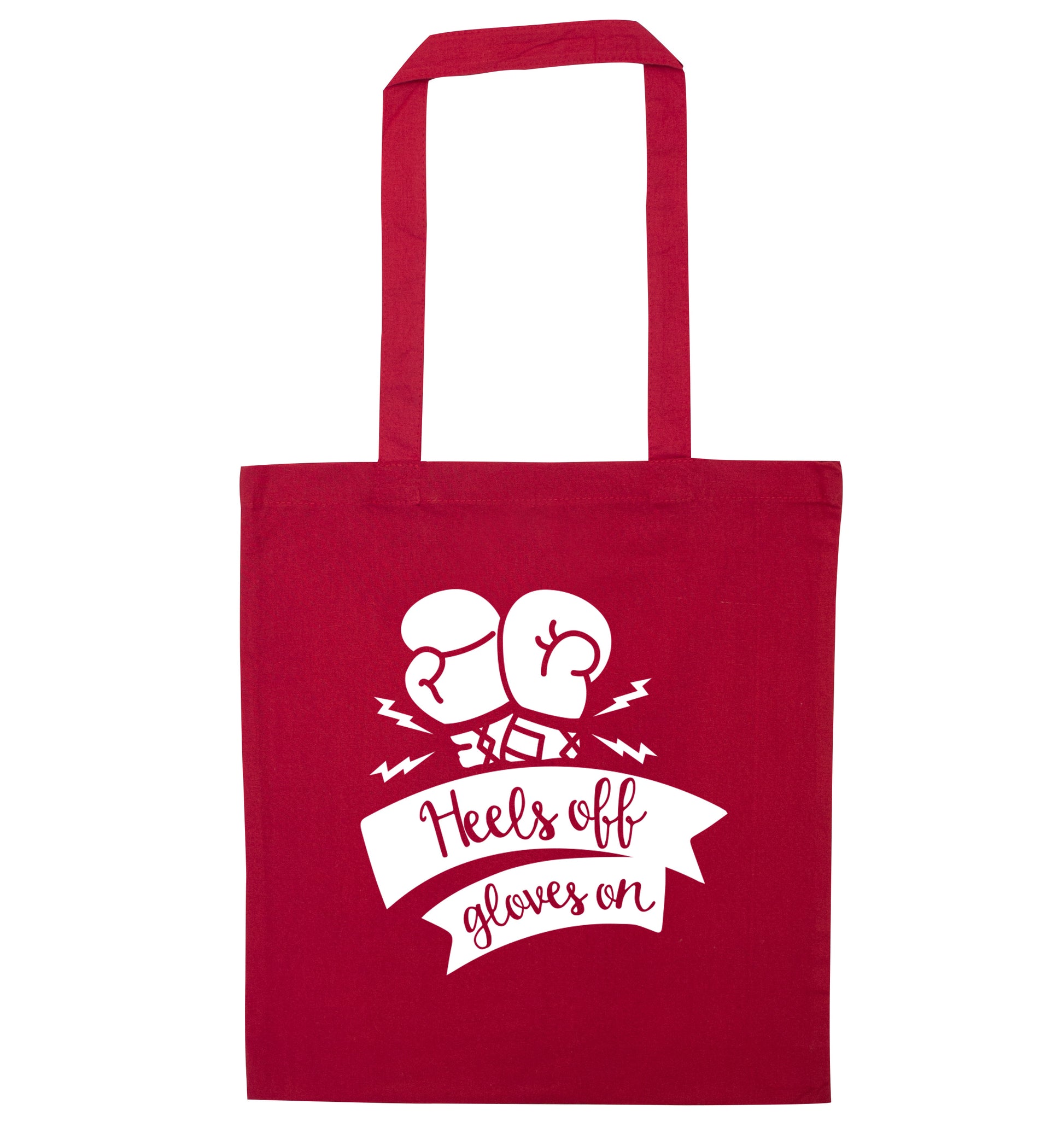 Heels off gloves on red tote bag