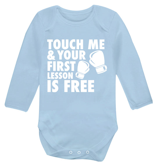 Touch me and your First Lesson is Free  Baby Vest long sleeved pale blue 6-12 months