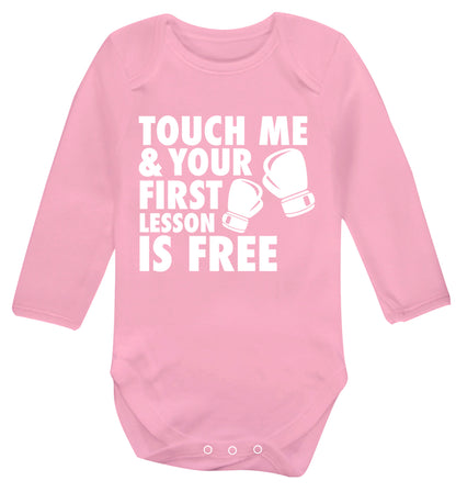 Touch me and your First Lesson is Free  Baby Vest long sleeved pale pink 6-12 months