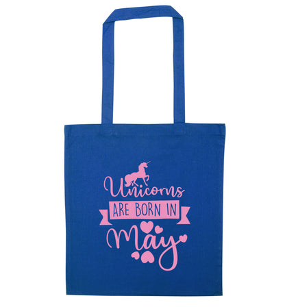 Unicorns are born in May blue tote bag