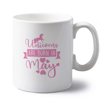 Unicorns are born in May left handed white ceramic mug 