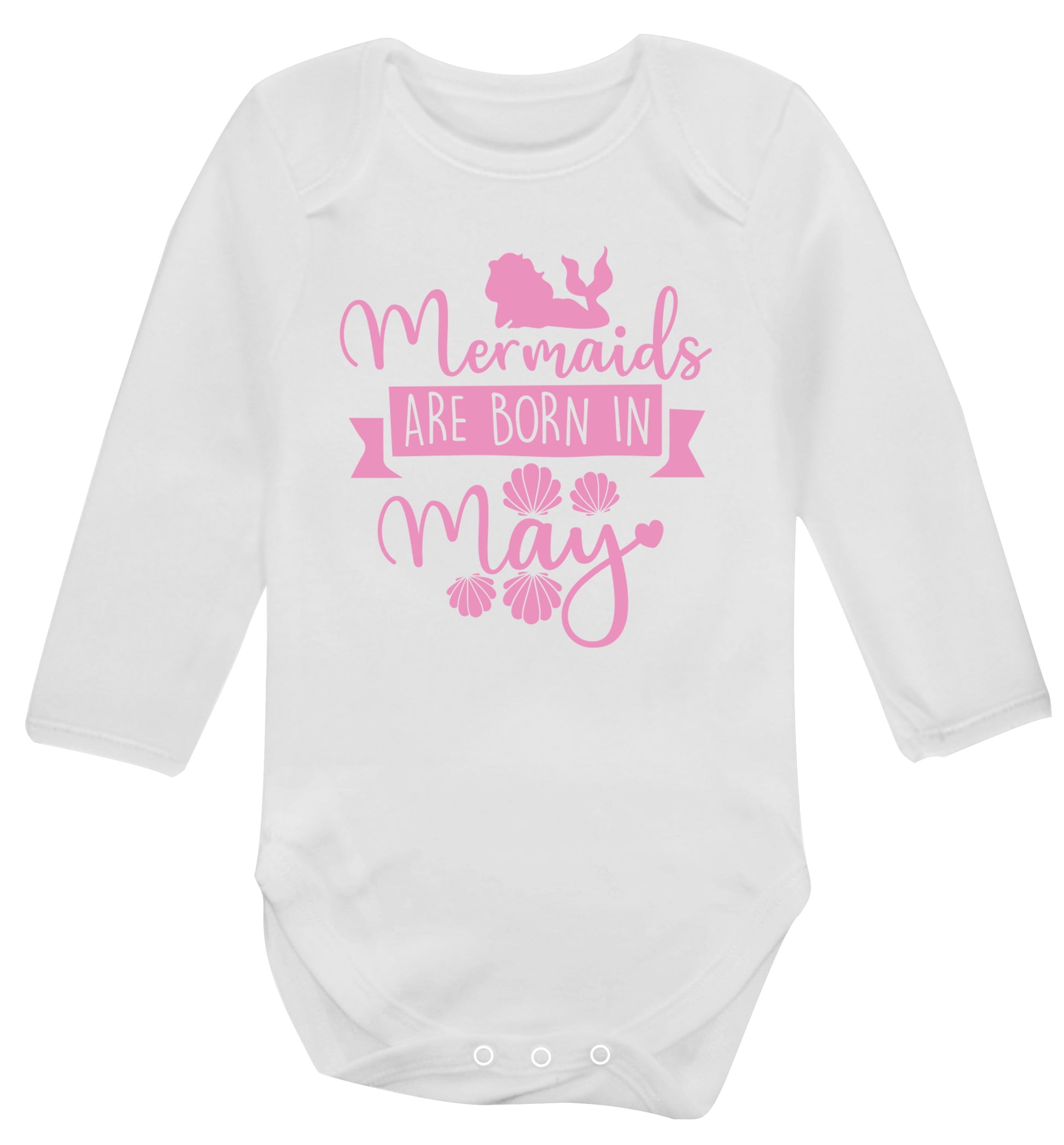 Mermaids are born in May Baby Vest long sleeved white 6-12 months
