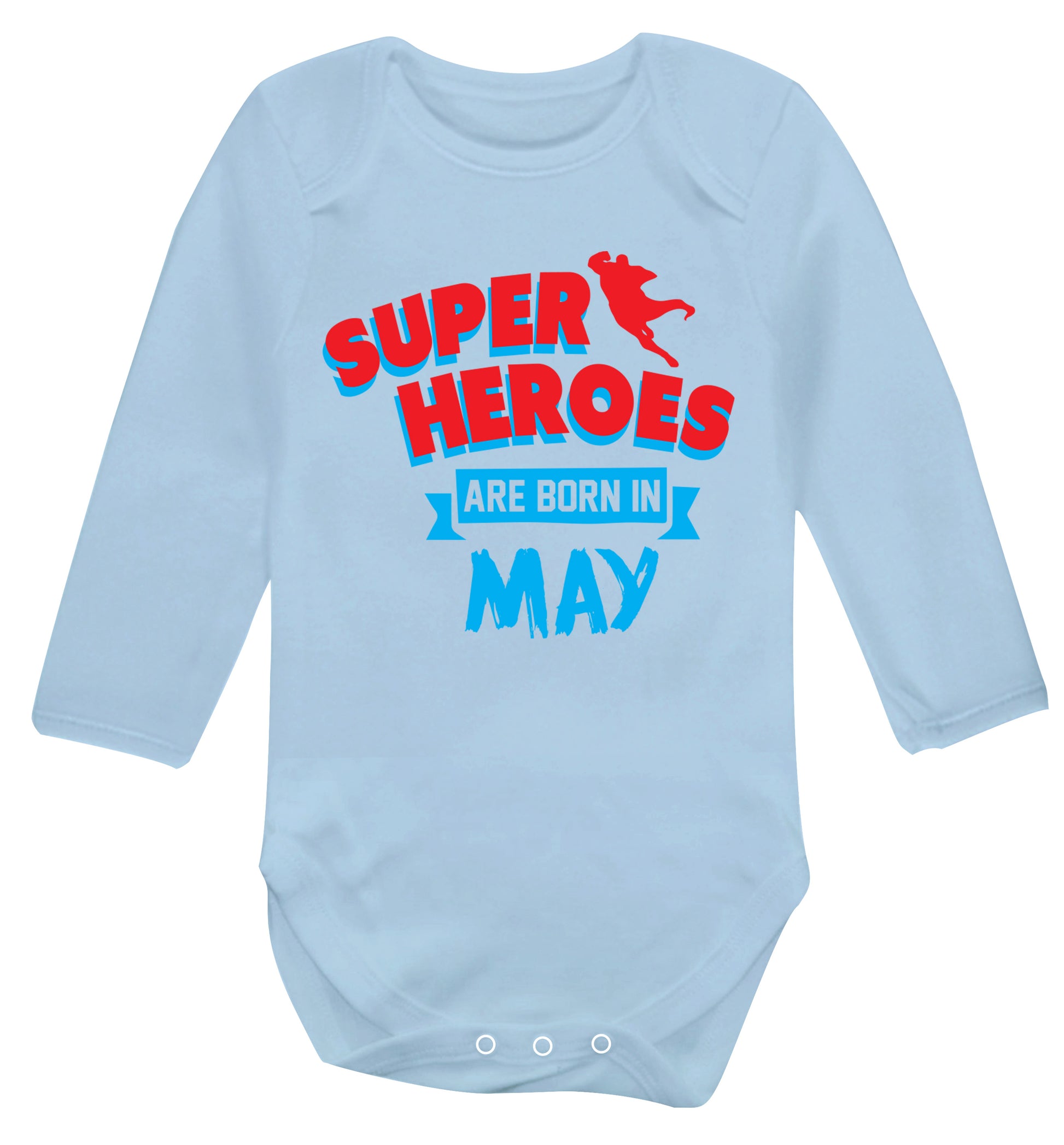 Superheros are born in May Baby Vest long sleeved pale blue 6-12 months