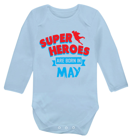 Superheros are born in May Baby Vest long sleeved pale blue 6-12 months