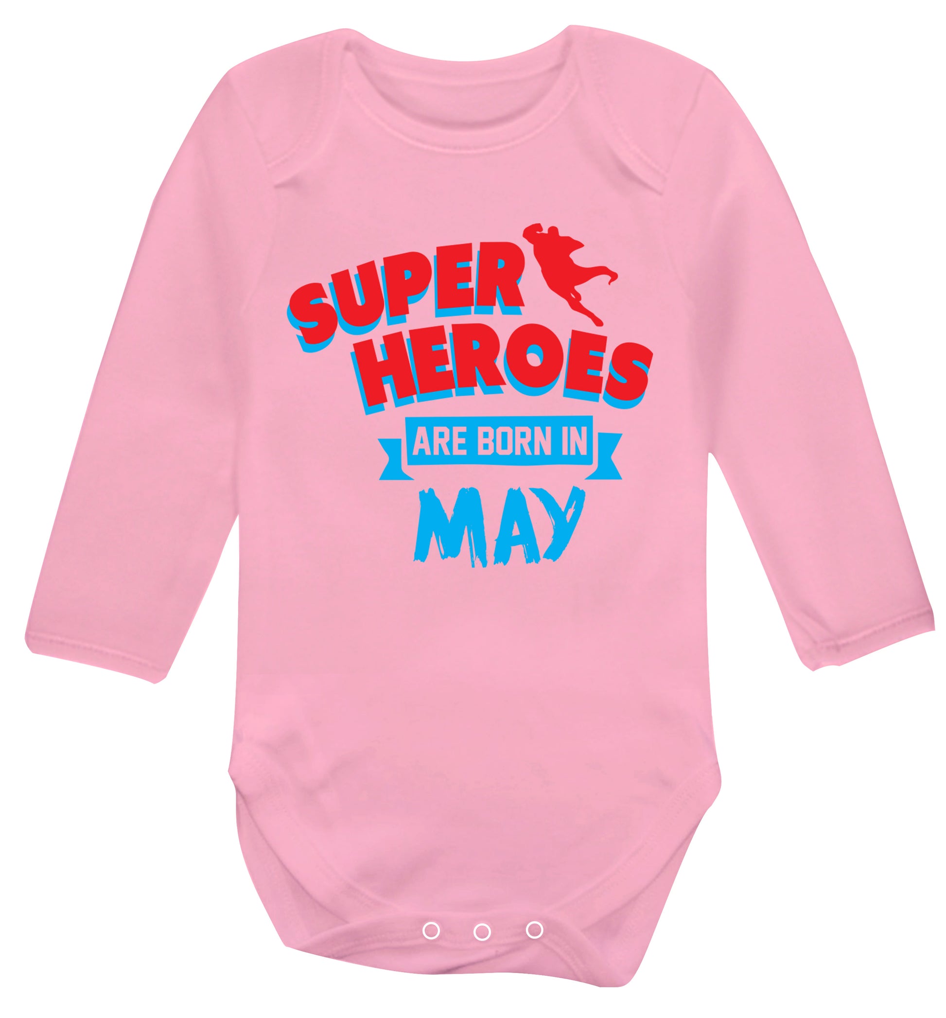 Superheros are born in May Baby Vest long sleeved pale pink 6-12 months