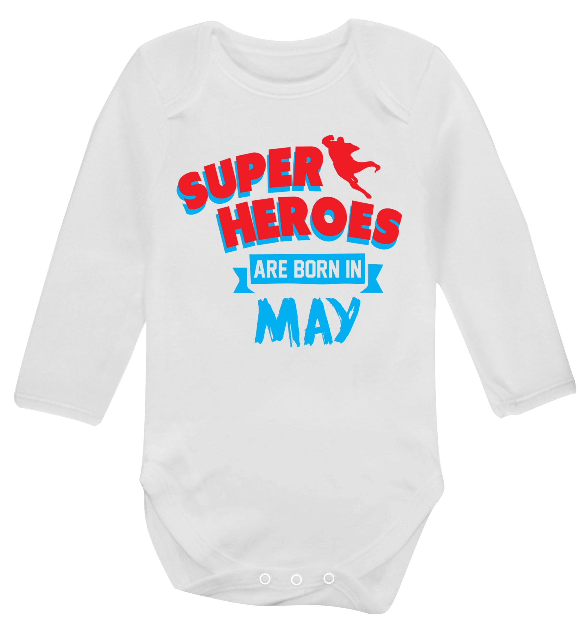 Superheros are born in May Baby Vest long sleeved white 6-12 months