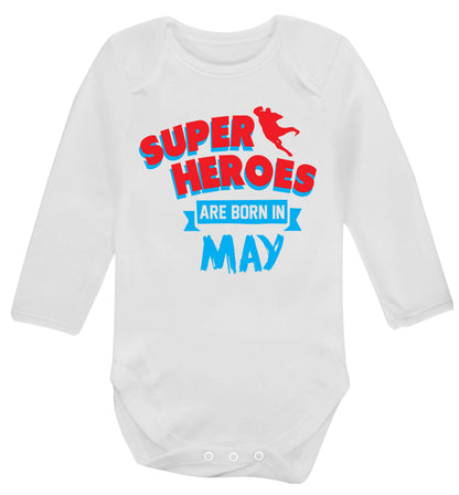 Superheros are born in May Baby Vest long sleeved white 6-12 months