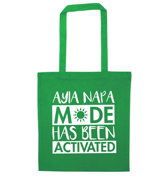 Ayia Napa mode has been activated green tote bag
