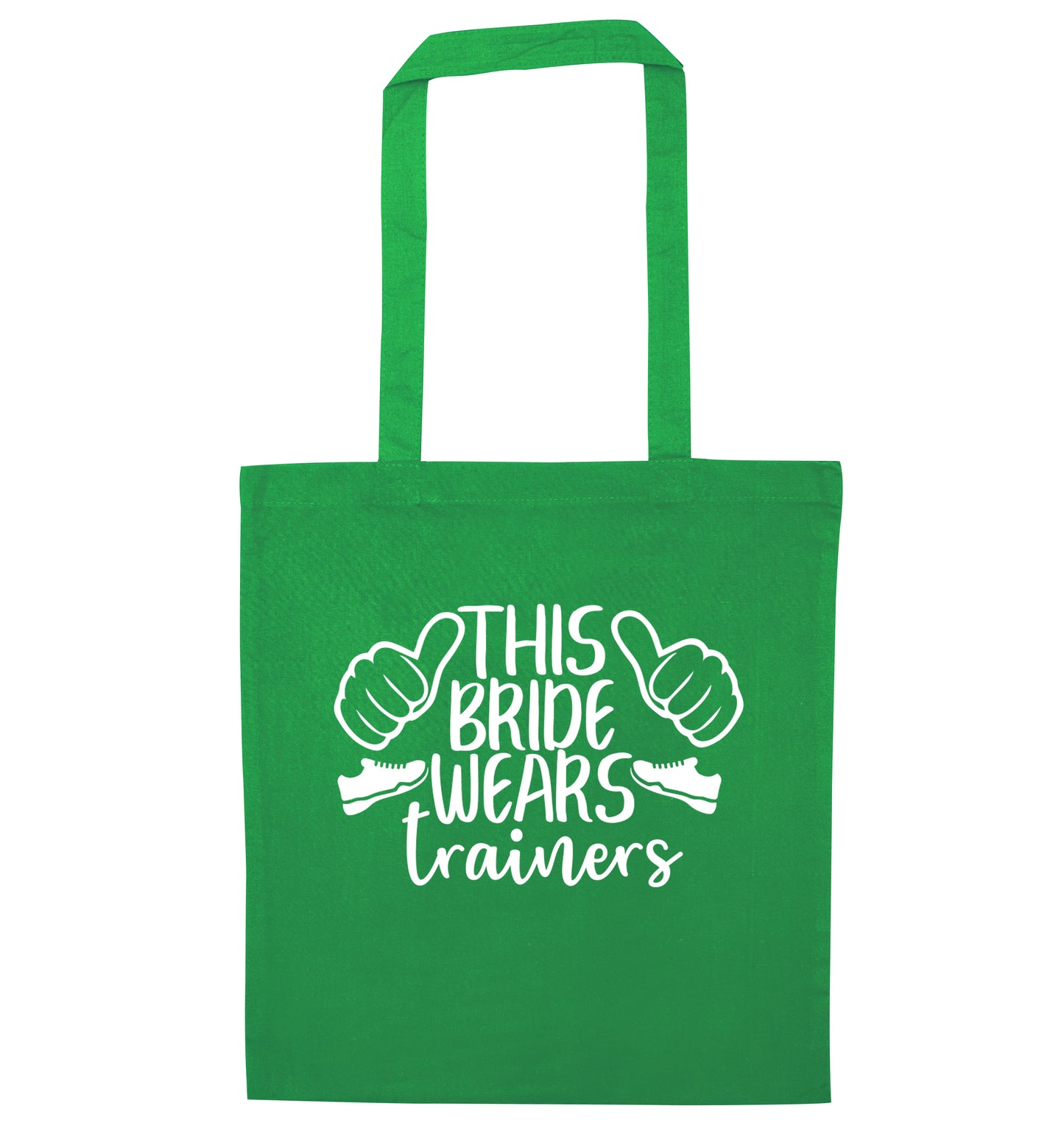 This bride wears trainers green tote bag