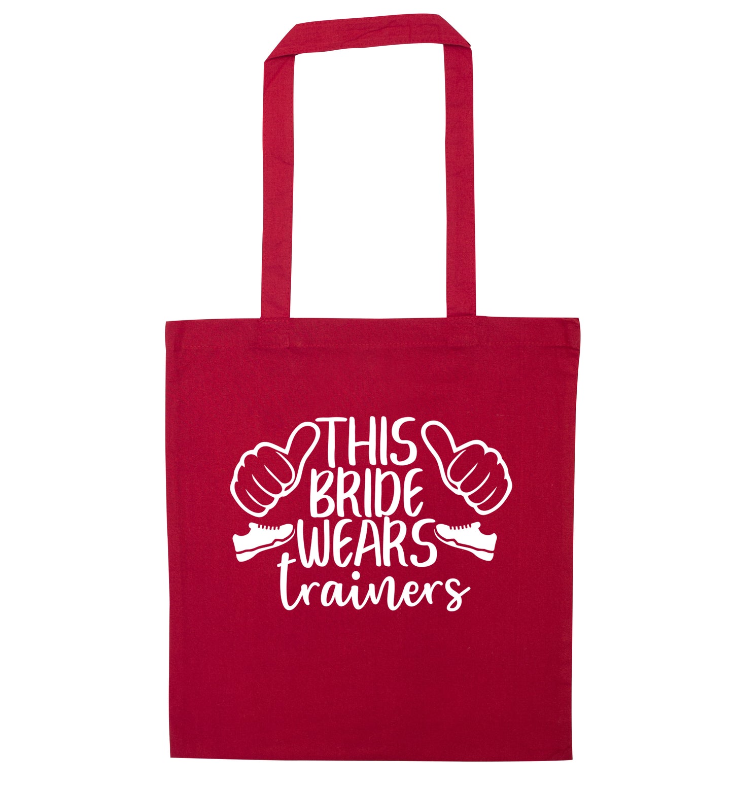 This bride wears trainers red tote bag
