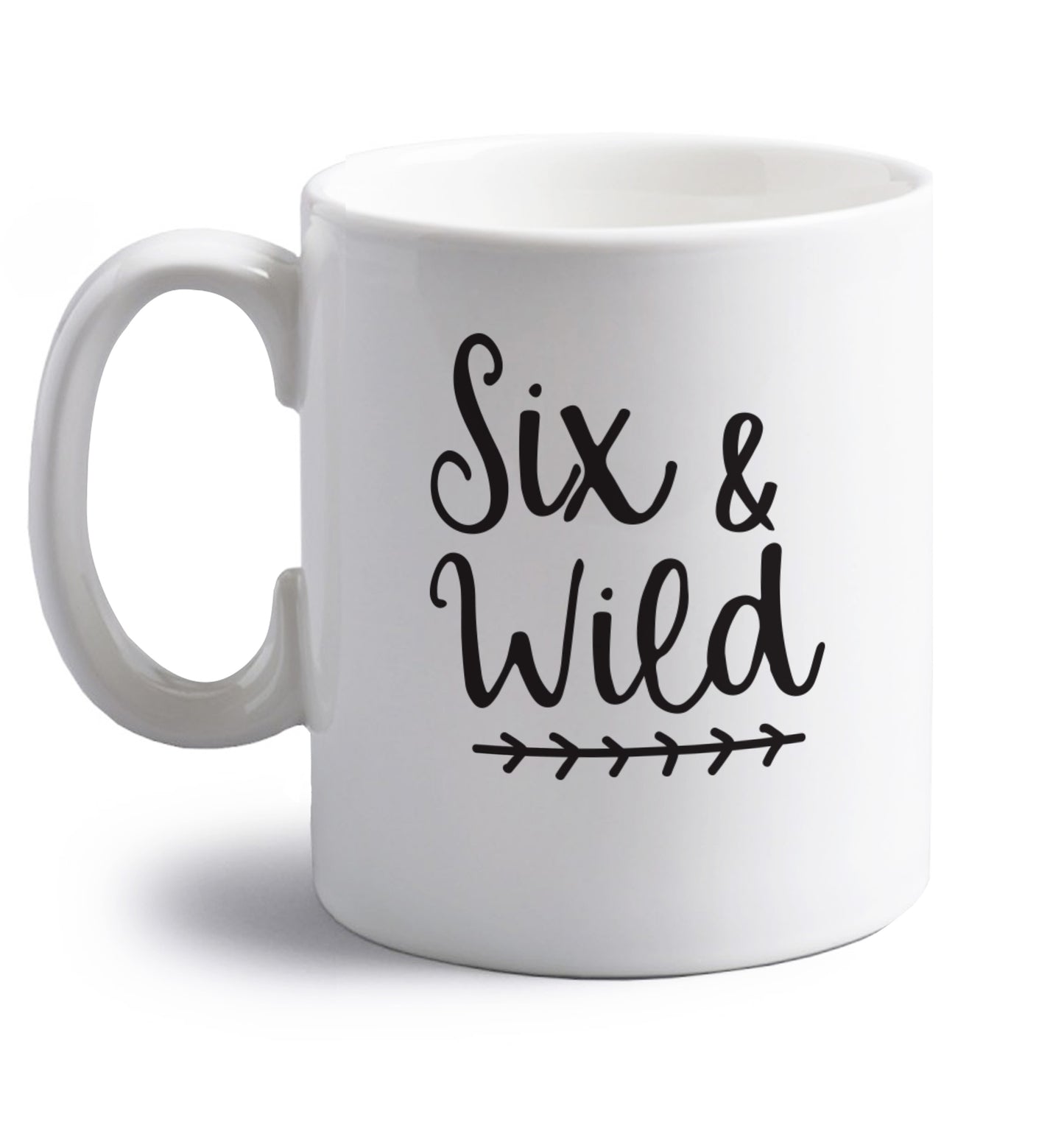 Six and wild right handed white ceramic mug 