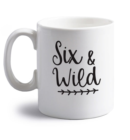 Six and wild right handed white ceramic mug 
