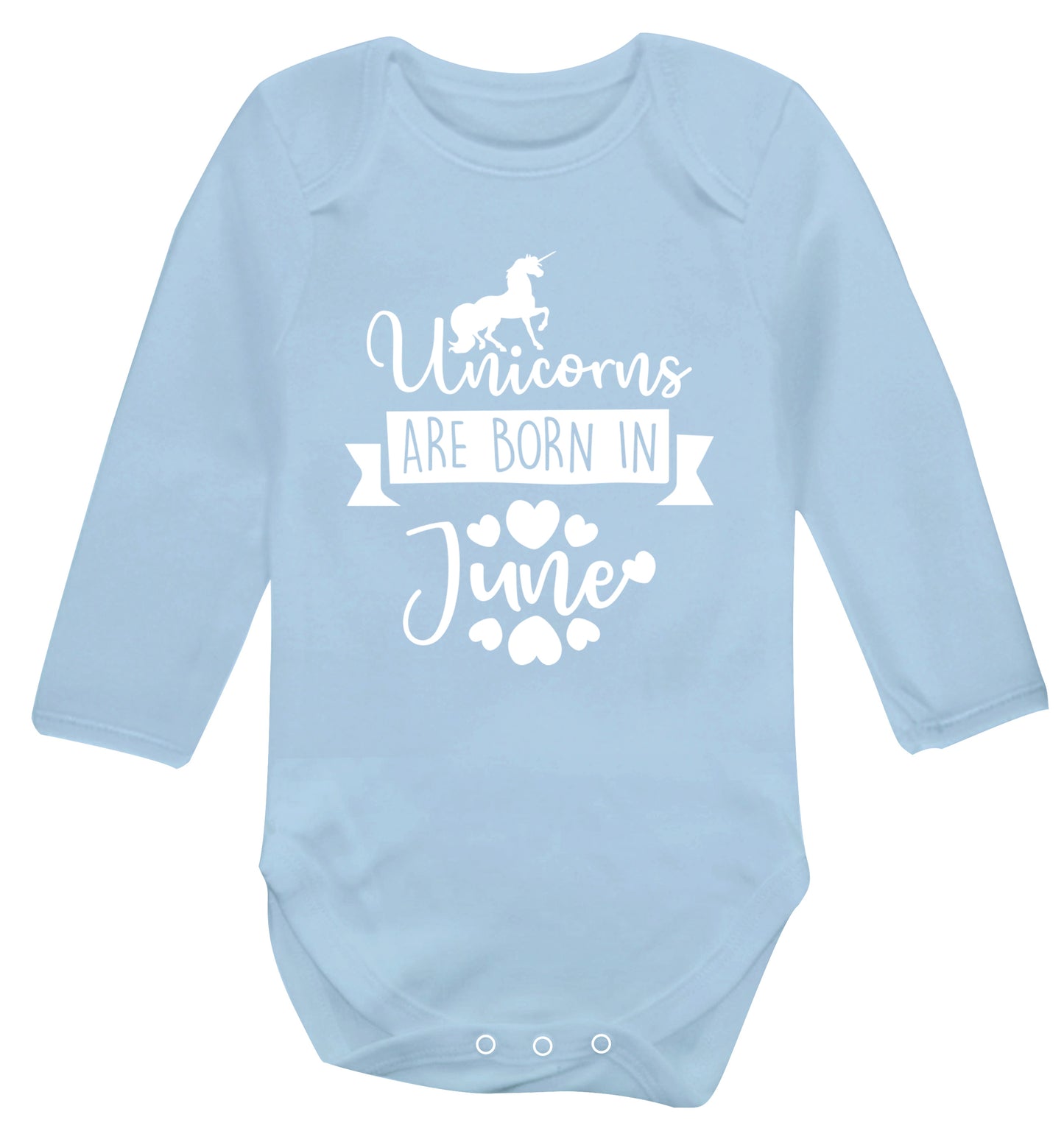Unicorns are born in June Baby Vest long sleeved pale blue 6-12 months