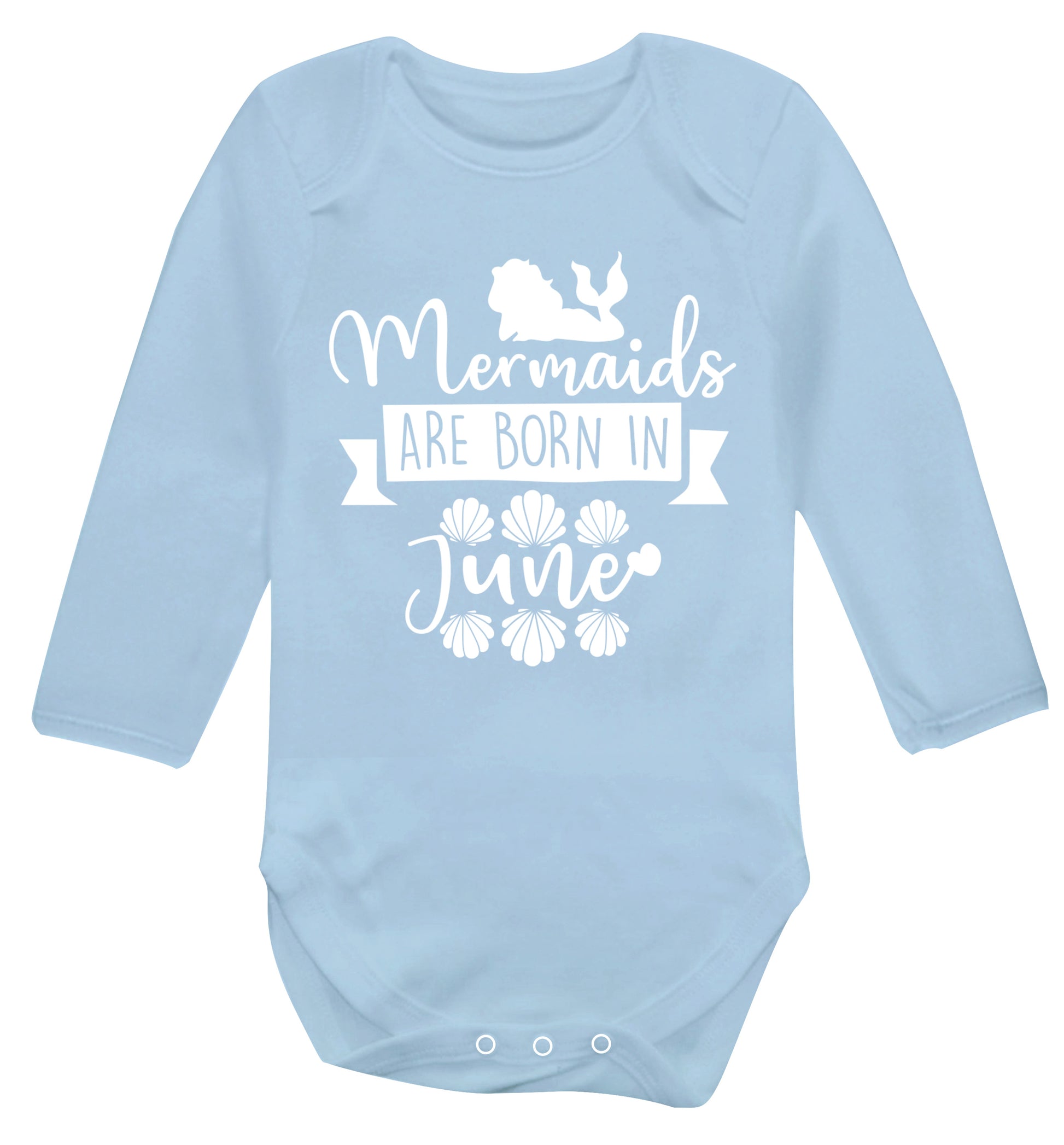 Mermaids are born in June Baby Vest long sleeved pale blue 6-12 months