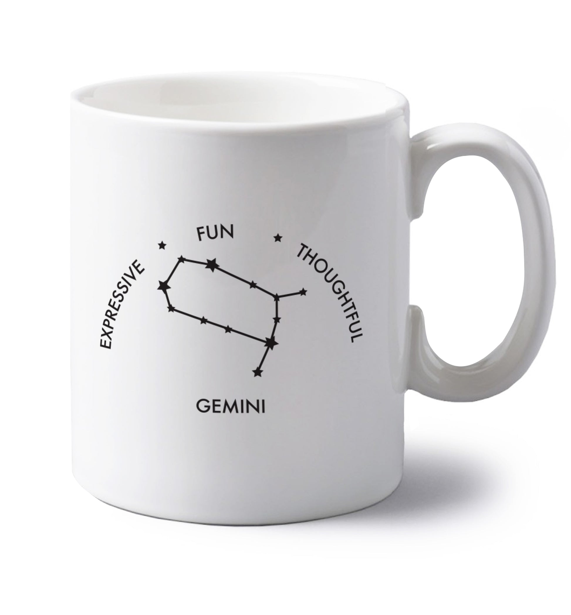 Gemini: Expressive, fun, thoughtful left handed white ceramic mug 