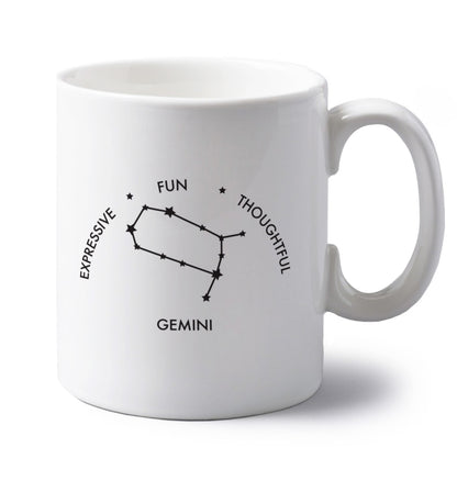 Gemini: Expressive, fun, thoughtful left handed white ceramic mug 