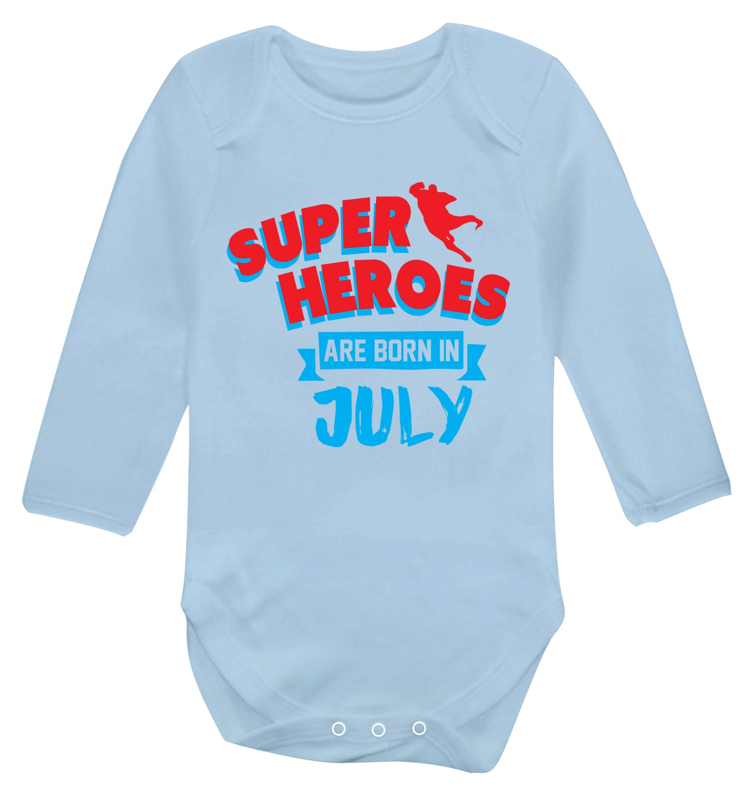Superheroes are born in July Baby Vest long sleeved pale blue 6-12 months