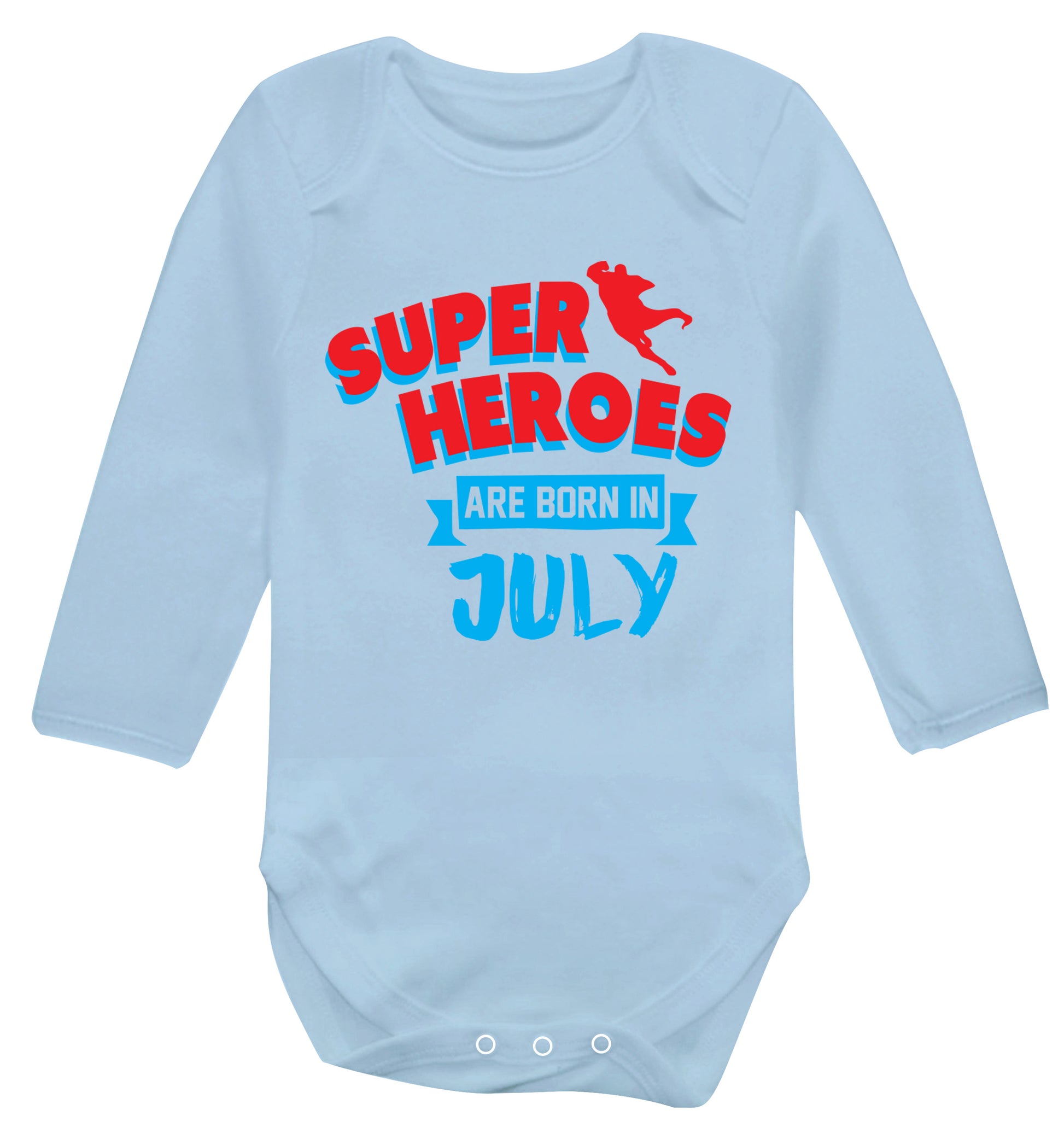Superheroes are born in July Baby Vest long sleeved pale blue 6-12 months