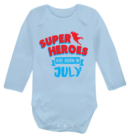 Superheroes are born in July Baby Vest long sleeved pale blue 6-12 months