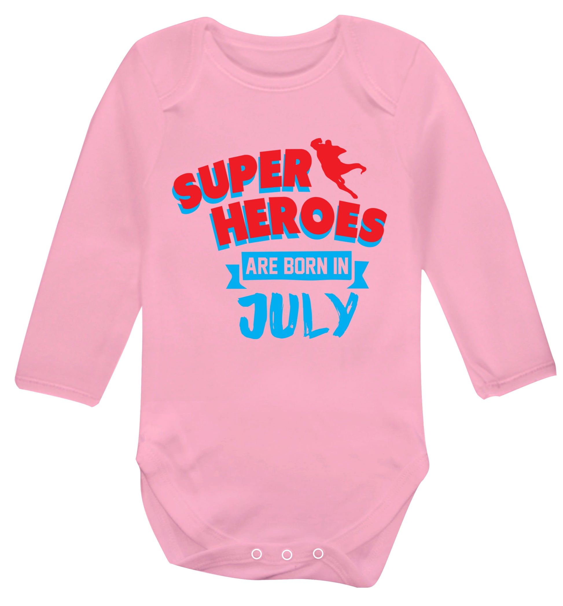 Superheroes are born in July Baby Vest long sleeved pale pink 6-12 months