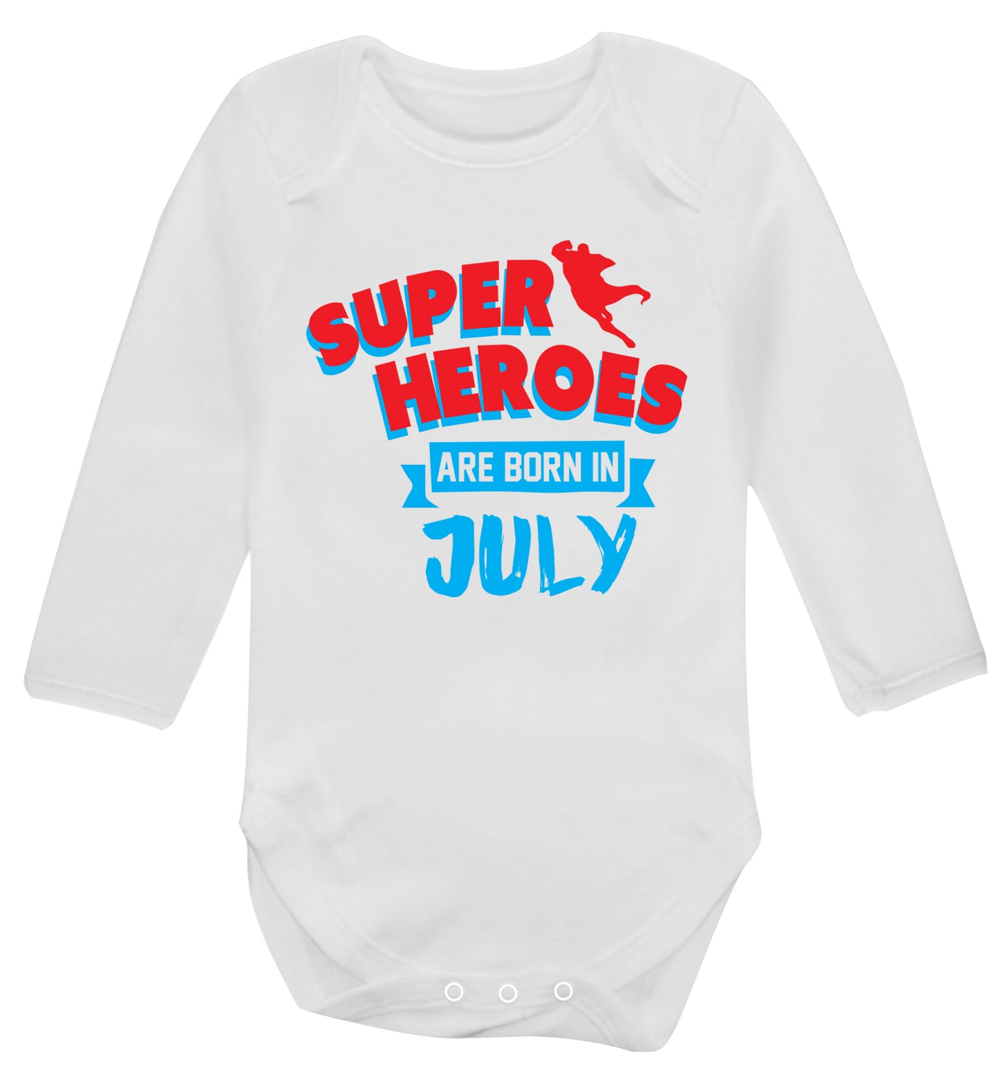 Superheroes are born in July Baby Vest long sleeved white 6-12 months