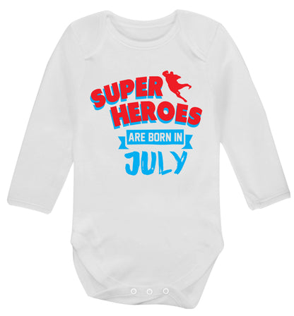 Superheroes are born in July Baby Vest long sleeved white 6-12 months