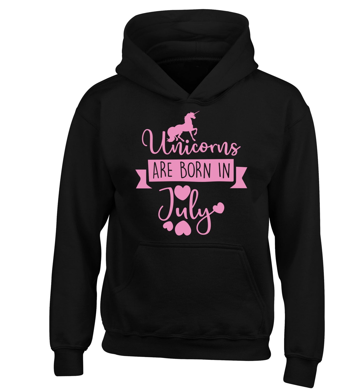 Unicorns are born in July children's black hoodie 12-13 Years