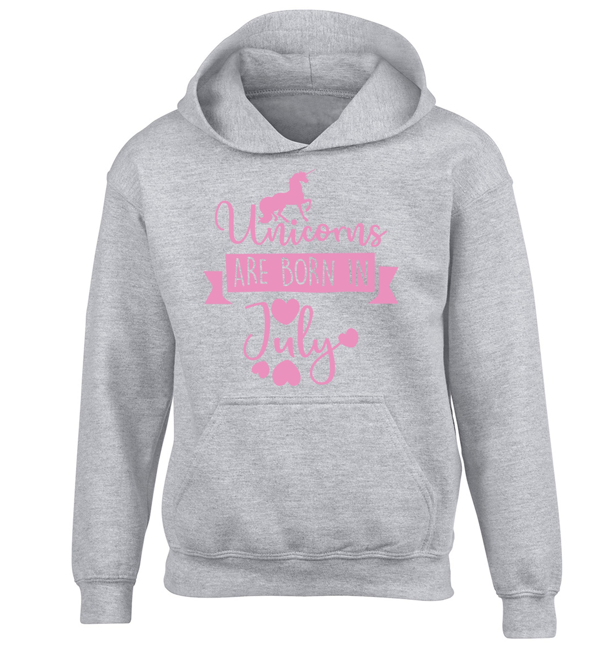 Unicorns are born in July children's grey hoodie 12-13 Years