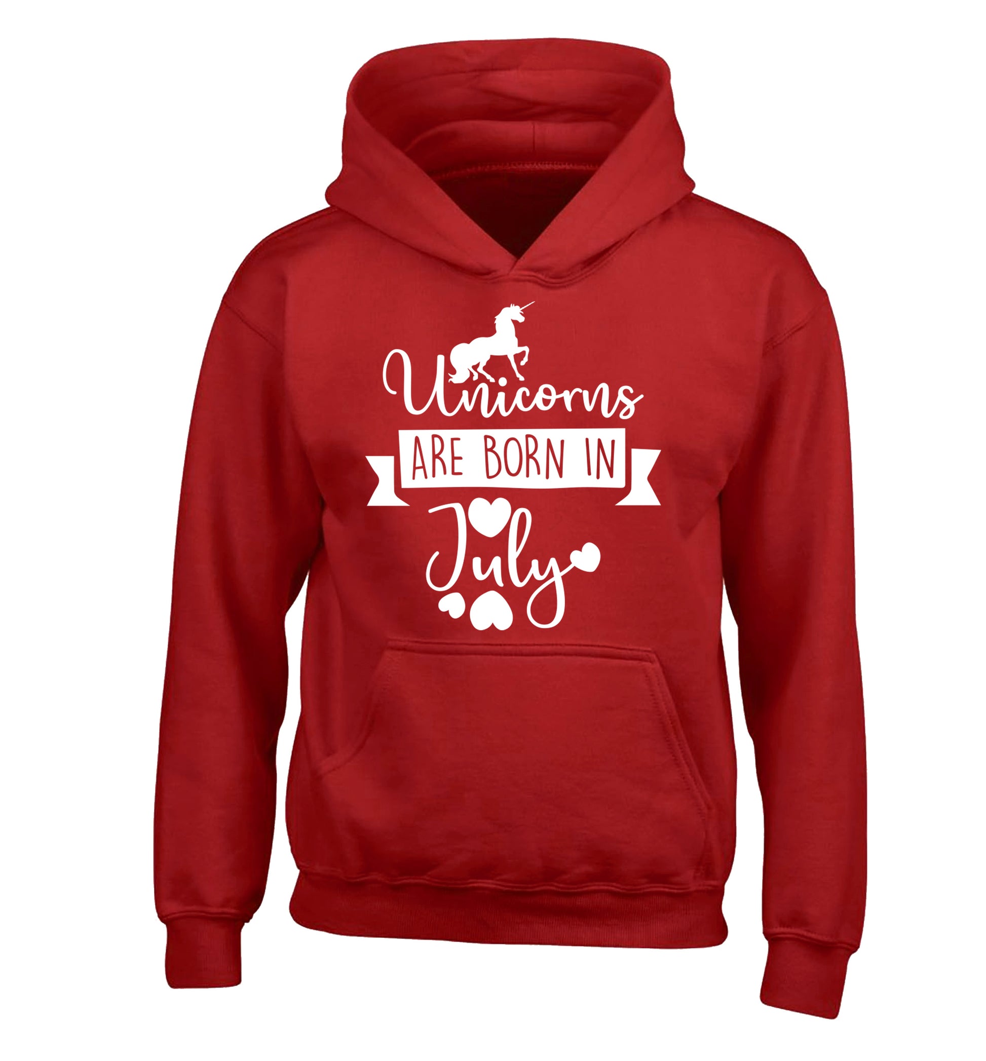 Unicorns are born in July children's red hoodie 12-13 Years