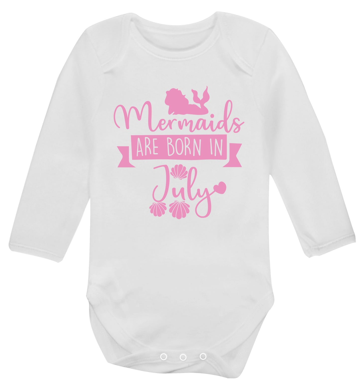 Mermaids are born in July Baby Vest long sleeved white 6-12 months