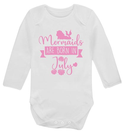 Mermaids are born in July Baby Vest long sleeved white 6-12 months