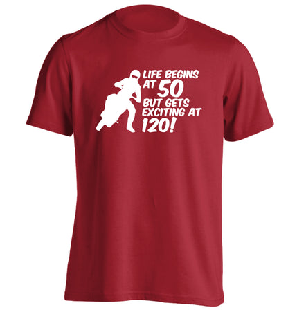 Life begins at 50 but it gets exciting at 120 adults unisex red Tshirt 2XL