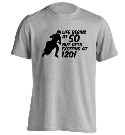 Life begins at 50 but it gets exciting at 120 adults unisex grey Tshirt 2XL