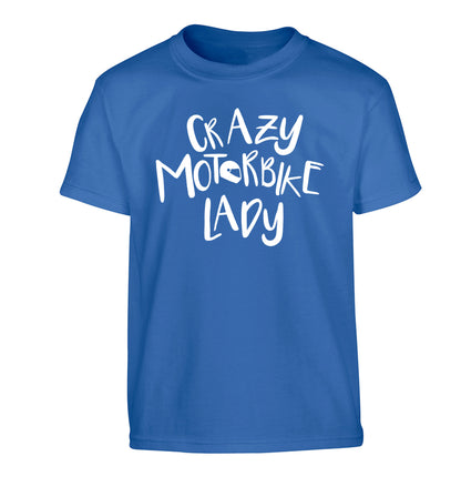 Crazy motorbike lady Children's blue Tshirt 12-13 Years