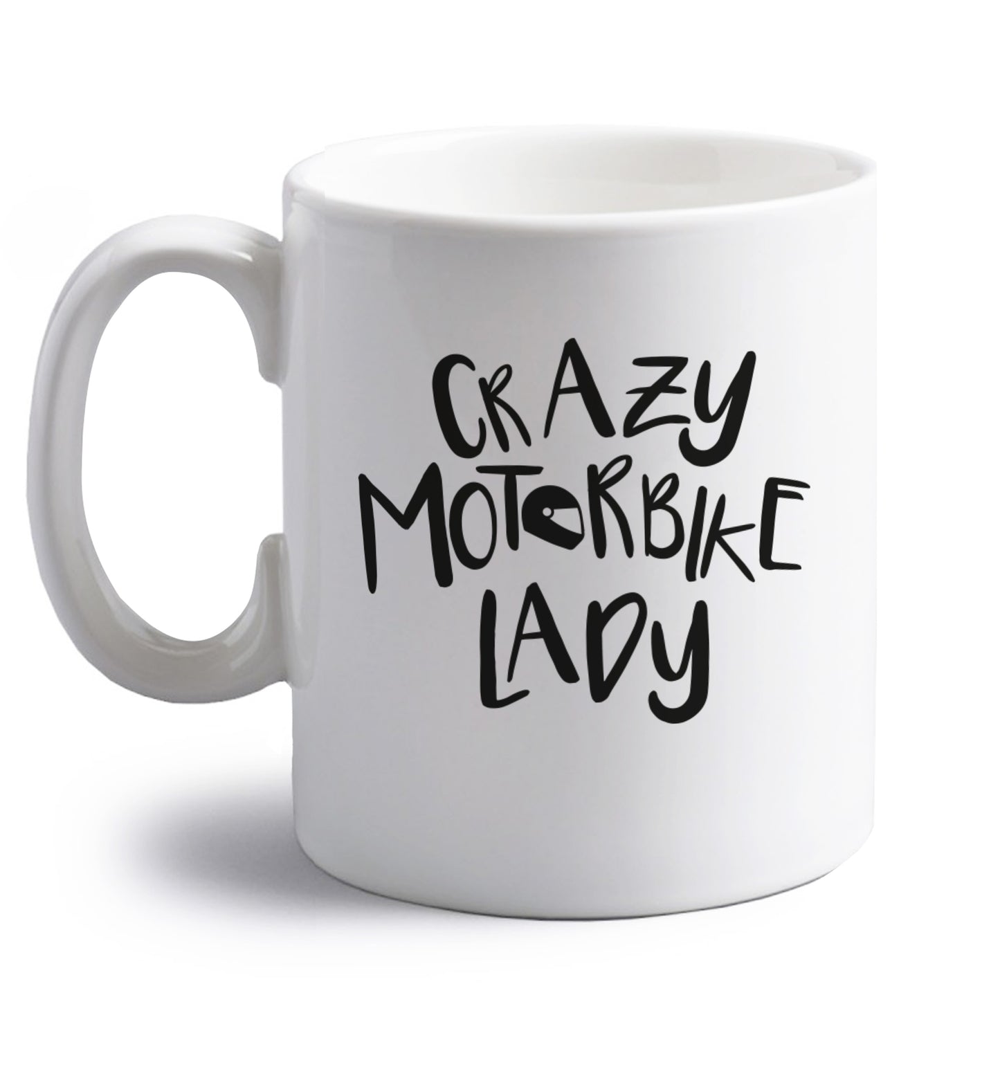 Crazy motorbike lady right handed white ceramic mug 